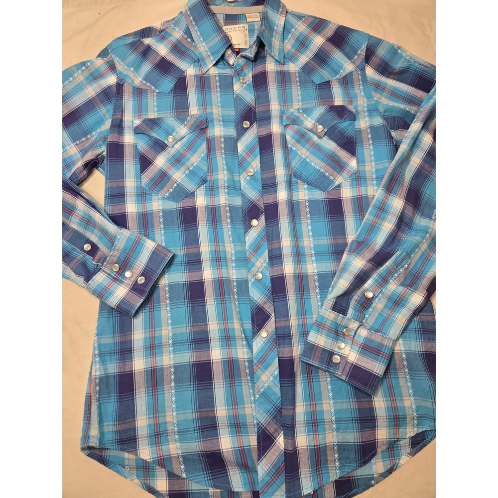 Roper Mens Blue Plaid Pearl Snap Western Shirt Long Sleeve Cotton M 03-001-0062